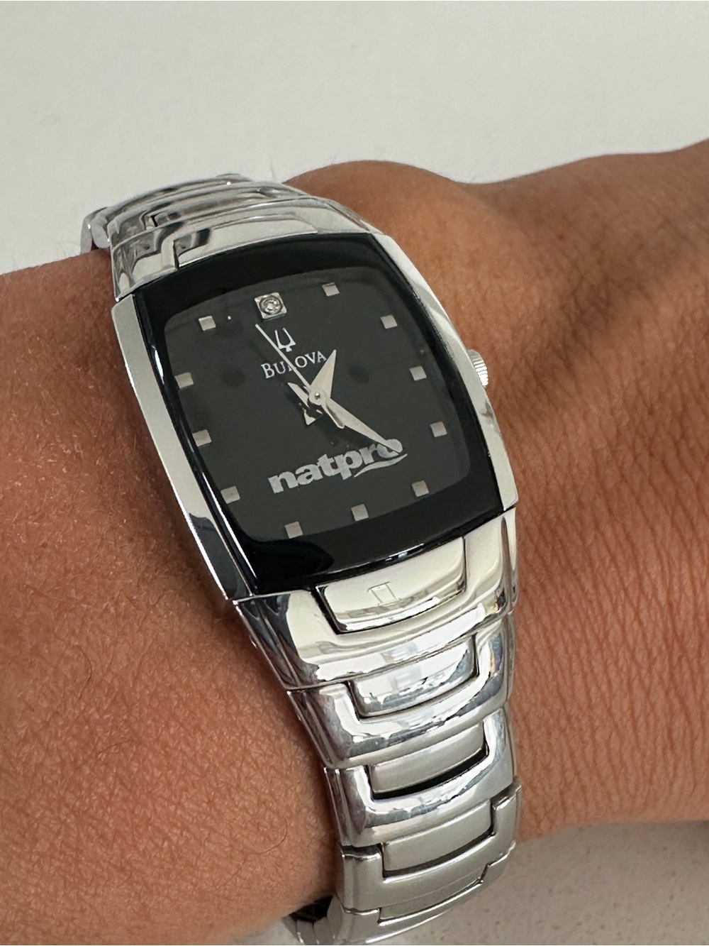 Bulova Silver Bracelet Watch with Black Dial and Diamond Accent